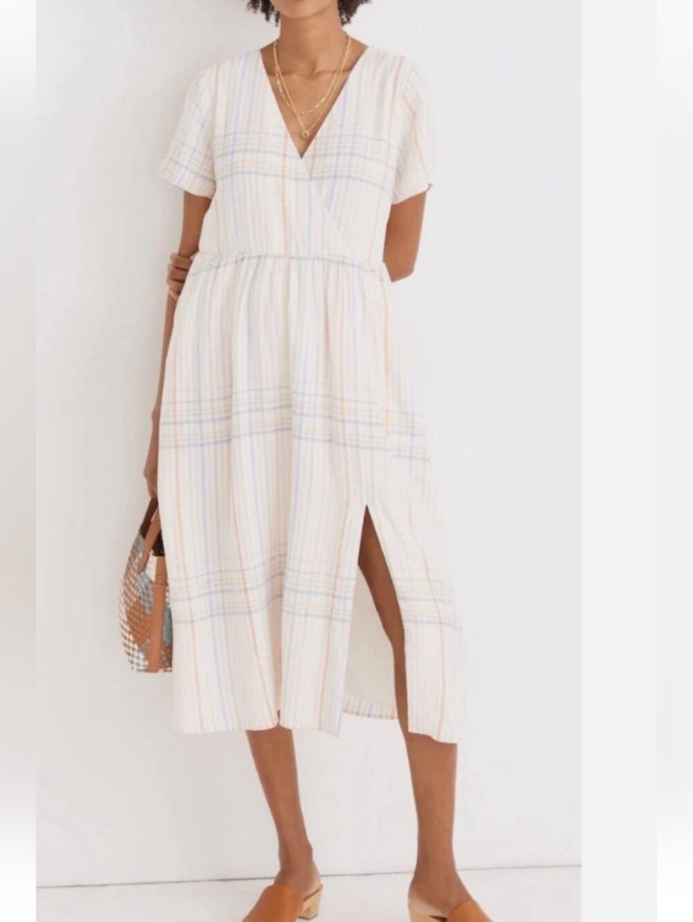 Madewell Striped Midi Dress in Cream And Pastel Plaid. Soft Girl. Linen Blend.